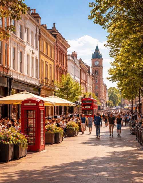 Busy UK high street with local shops, cafes and people