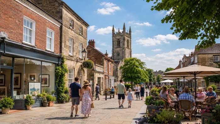 Historic buildings, a church and visitors in Thirsk town centre